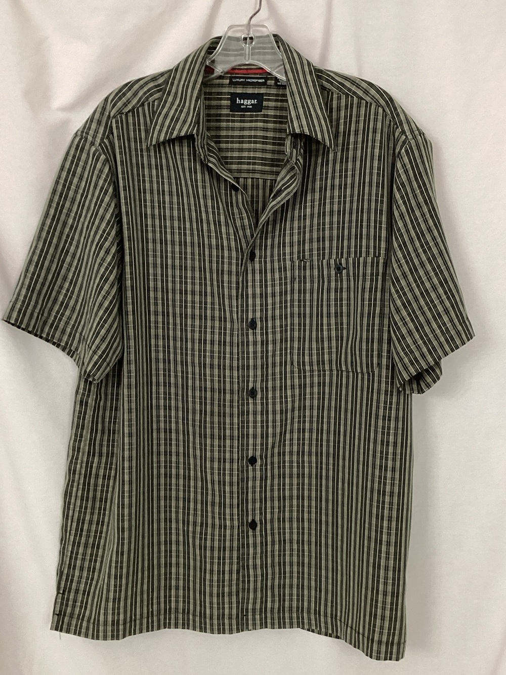 Haggar Men's Short Sleeve Olive and Black Striped Button-Up Shirt